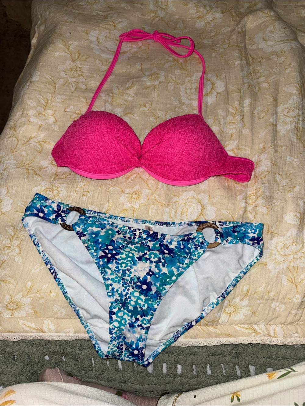 Women's Pink Push-Up Bikini Top with Blue Floral Bikini Bottom